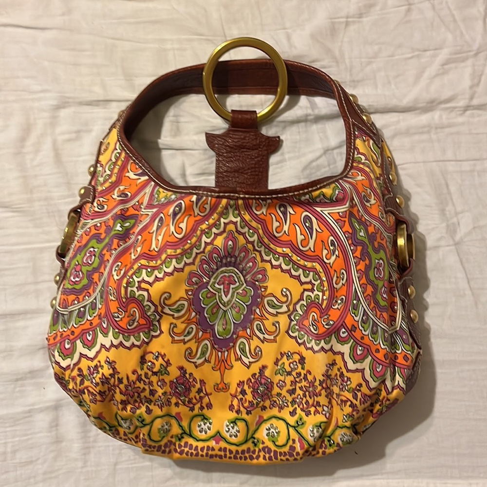 Isabella Fiore Cheerful Fabric and Leather Brass Studded Baguette Shoulder Bag - Picture 4 of 16